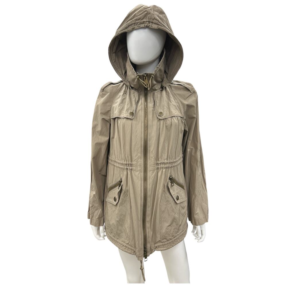 Burberry Brit Jacket Women’s Size 6 Utility Trench Rain Cargo with Hood in Beige